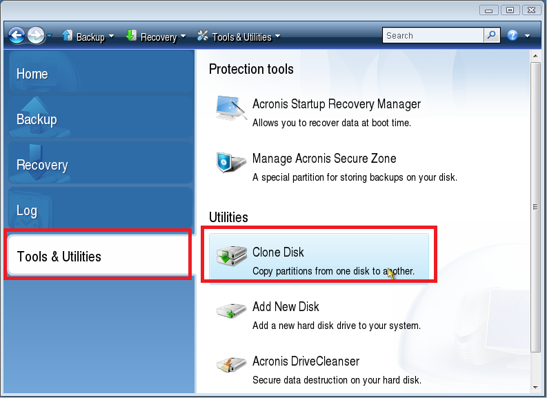 「Tool&Utilities」から「Clone Disk」を選択